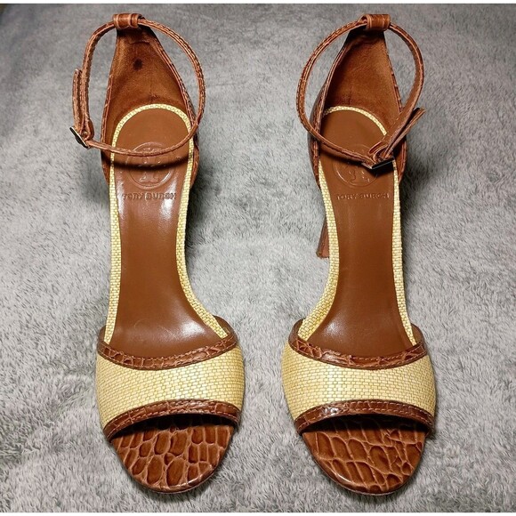 Tory Burch Croc Designed Ankle Strap Peep Toe Leather Heels Sandals Size 7M 7 M - Picture 4 of 16